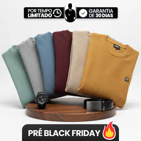 [Leve 6, Pague Só 3] Suéter Masculino Texturizado Sedrax em Malha de Seda Gelo, Viscose e Spandex + BRINDES: Relógio e Cinto
