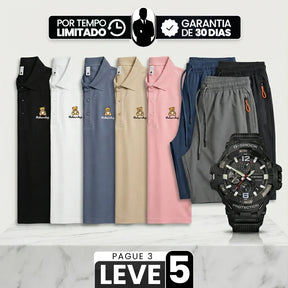 [Pague Só 3, Leve 5!] Polo Ursus Masculina em Malha Piquet (Algodão e Poliéster) com Acabamento Reforçado e Logo Bordado + 3 Bermudas e Relógio